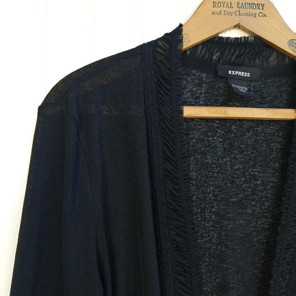 Vintage 90's Express Black Open Front Cardigan Size L Goth Witchy Pleated Lace - Picture 2 of 12